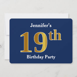 Invitation Blue, Faux Gold 19e fête d'anniversaire + Nom pers