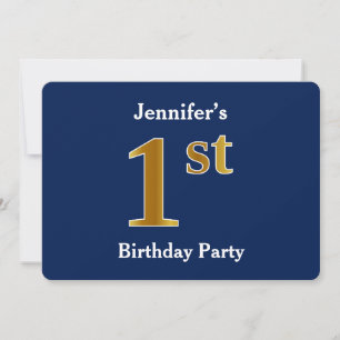 Invitation Blue, Faux Gold 1er Anniversaire Fête + Nom person