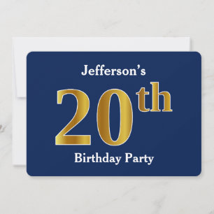 Invitation Blue, Faux Gold 20th Birthday Party + Nom personna