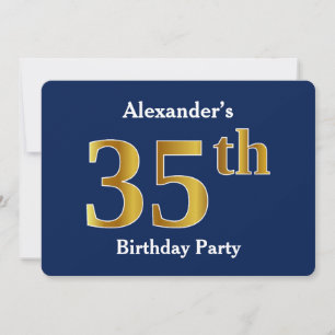 Invitation Blue, Faux Gold 35th Birthday Party + Nom personna