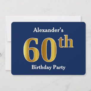 Invitation Blue, Faux Gold 60th Birthday Party + Nom personna