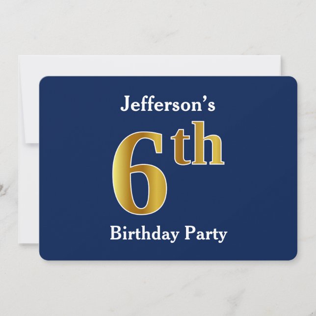 Invitation Blue, Faux Gold 6e fête d'anniversaire + Nom perso (Devant)