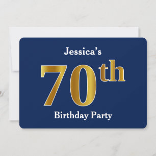 Invitation Blue, Faux Gold 70th Birthday Party + Custom Name