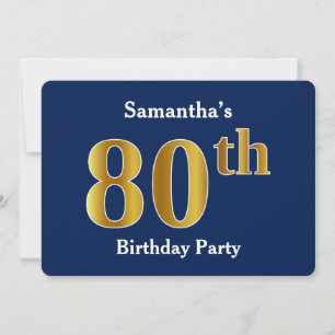 Invitation Blue, Faux Gold 80th Birthday Party + Nom personna