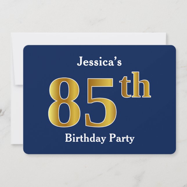 Invitation Blue, Faux Gold 85e fête d'anniversaire + Nom pers (Devant)