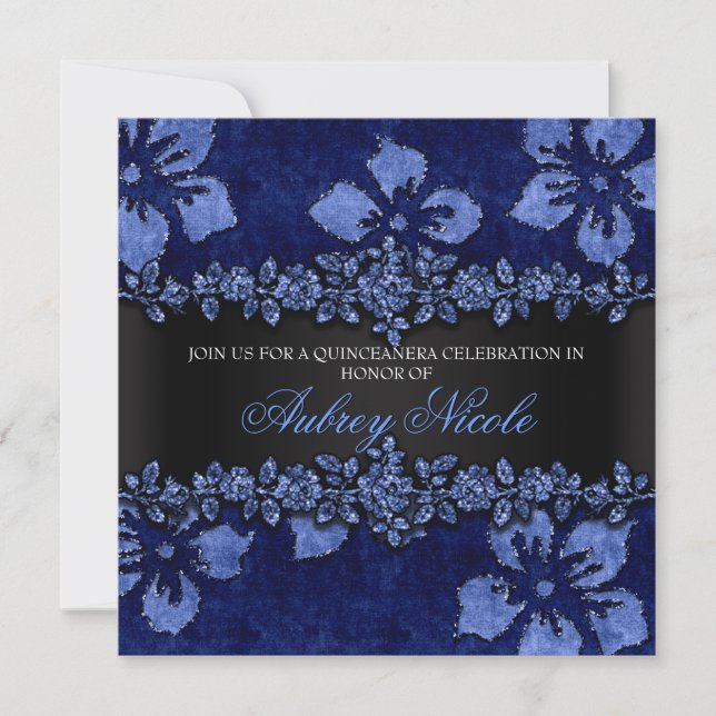 Invitation Blue Faux Parties scintillant et velours Floral Qu (Devant)