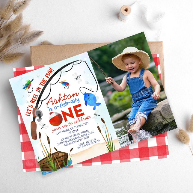 Invitation Blue Fish Boat Photo Ofish Un 1er anniversaire (Boys Fishing 1st Birthday Invitation Ofishally One 1st Birthday Invitation Blue Fish Reel In The Fun)
