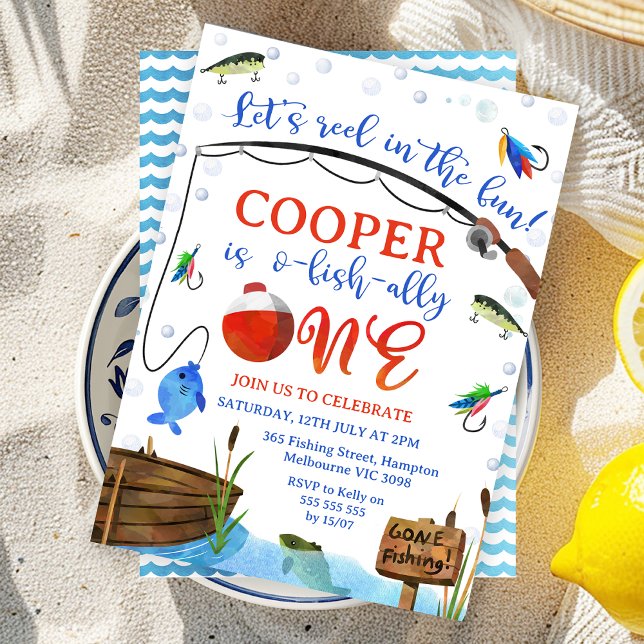 Invitation Blue Fish Fishing O-fish-ally Un 1er anniversaire (Editable Ofishally One 1st Birthday Invitation, Editable Bauble One Fishing, Fishing Themed Invite)