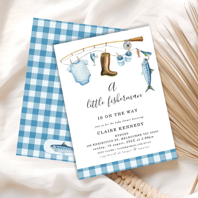 Invitation Blue Fishing Little Fisherman Baby shower (A Little Fisherman Is On The Way Baby Shower Invitation, Fishing Themed Baby Shower Invite Boy)
