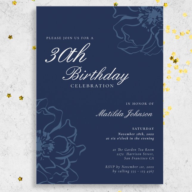 Invitation Blue Floral 30e fête d'anniversaire (Blue Floral 30th Birthday Party Invitation)
