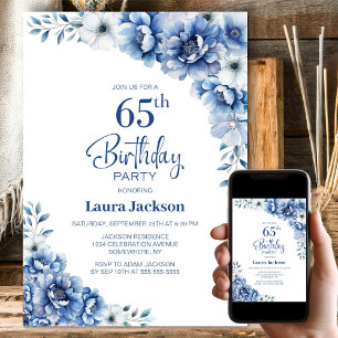 Invitation Blue Floral 65e fête d'anniversaire