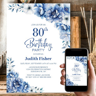 Invitation Blue Floral 80e fête d'anniversaire