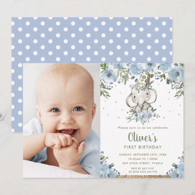 Invitation Blue Floral Boho Elephant Boy 1er Anniversaire Pho (Devant / Derrière)