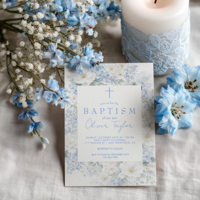 Invitation Blue Floral  Boy  Baptism (Créateur téléchargé)