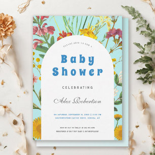 Invitation Blue Floral Boy Elegant Baby shower Carré