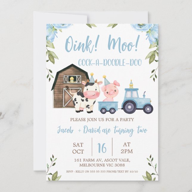 Invitation Blue Floral Boy Twins Grange Tracteur ferme Annive (Devant)