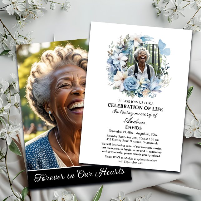 Invitation Blue Floral Celebration Of Life 2 Photos Funeral  (Créateur téléchargé)