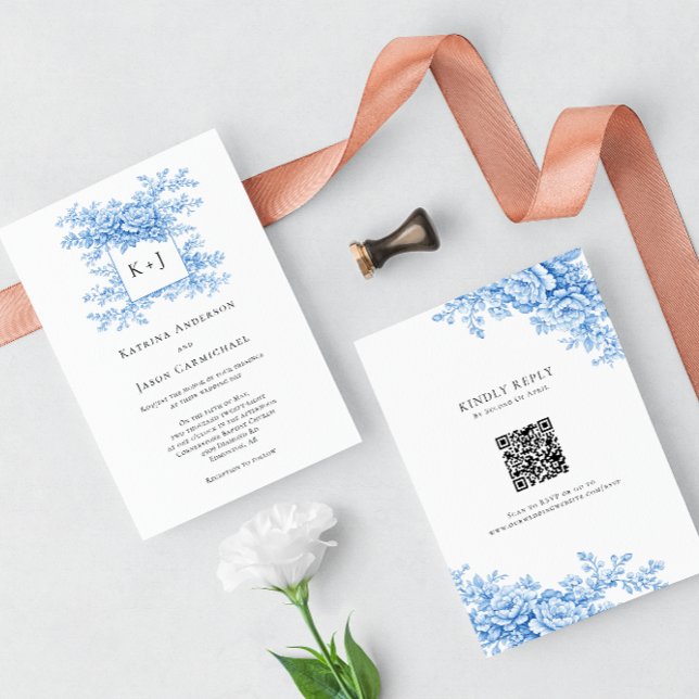 Invitation Blue Floral Chinoiserie 2-sided QR Code Monogram (Créateur téléchargé)