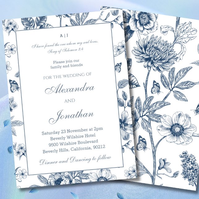Invitation Blue Floral Chinoiserie Christian Wedding  (Créateur téléchargé)