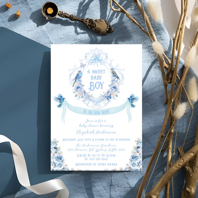 Invitation Blue Floral Crest Sweet Baby Baby shower garçon (Créateur téléchargé)