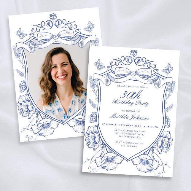 Invitation Blue Floral Custom Photo 30th Birthday Party (Blue Floral Custom Photo 30th Birthday Party Invitation)