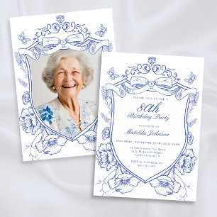 Invitation Blue Floral Custom Photo 80th Birthday Party