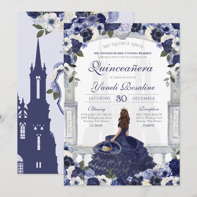 Invitation Blue Floral Elegant Charro Princesse Quinceanera (Devant / Derrière)