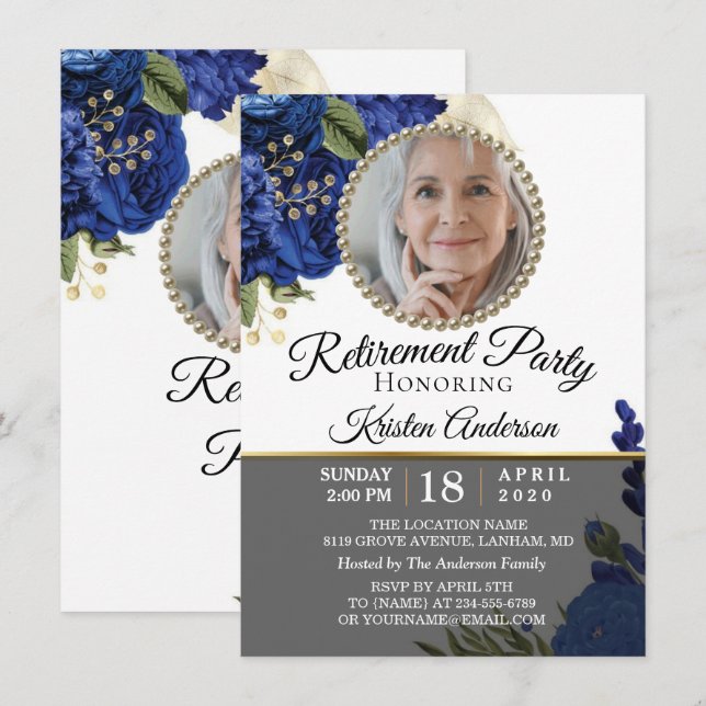 Invitation Blue Floral Elégant Photo Retraite Party (Devant / Derrière)