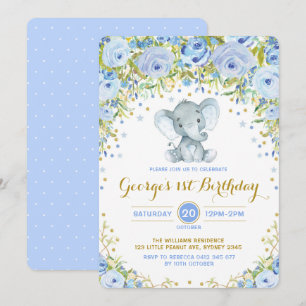 Invitation Blue Floral Elephant Boy 1er Anniversaire