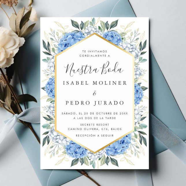 Invitation Blue Floral Feuilles or Nuestra Boda Mariage (Créateur téléchargé)