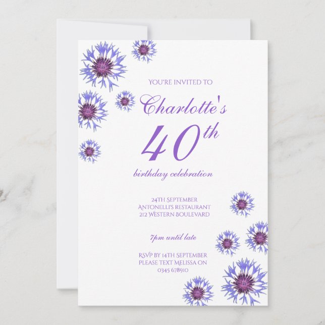 Invitation Blue Floral Fleur sauvage 40e fête d'anniversaire (Devant)