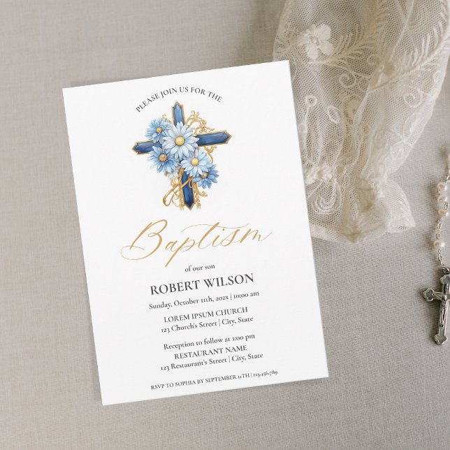 Invitation Blue Floral Gold Cross Garçon baptême baptême de b (Créateur téléchargé)