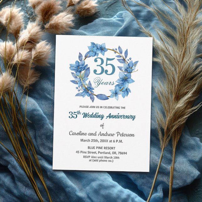 Invitation  Blue Floral Gold Frame 35th Wedding Anniversary  (Créateur téléchargé)
