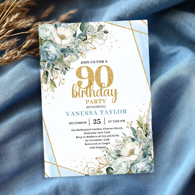Invitation Blue Floral Gold Shine 90th Birthday Invite Card (Blue Floral Gold Shine 90th Birthday Invite Card)