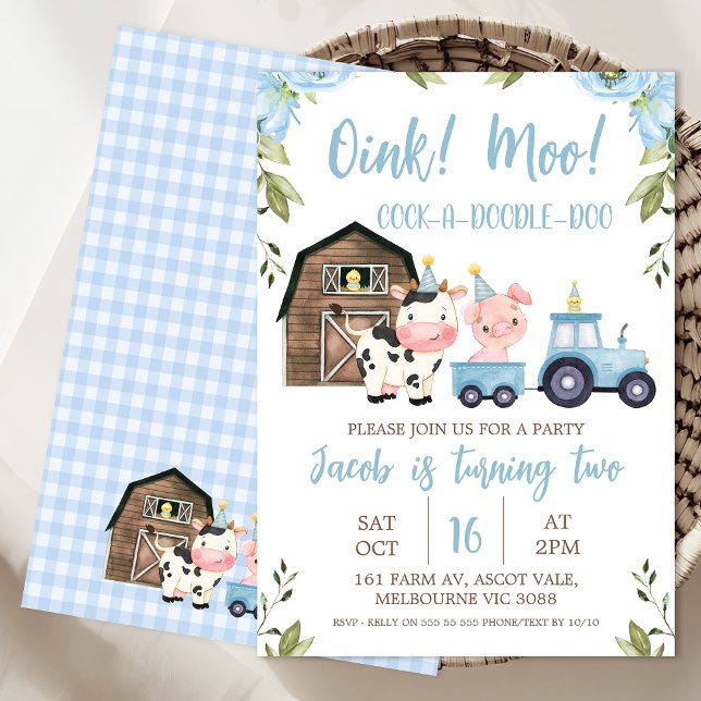 Invitation Blue Floral Grange Tracteur ferme Anniversaire Inv (Farm Birthday Invitation Templates, Oink Baa Moo Birthday Invitation Editable, Farm Animals Invite
)