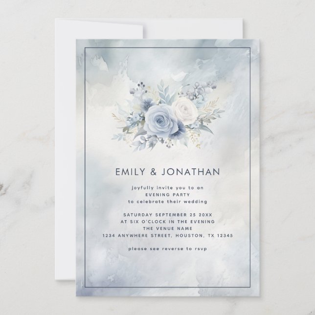 Invitation Blue Floral Grey Aquarelle Mariage Soirée Invitati (Devant)