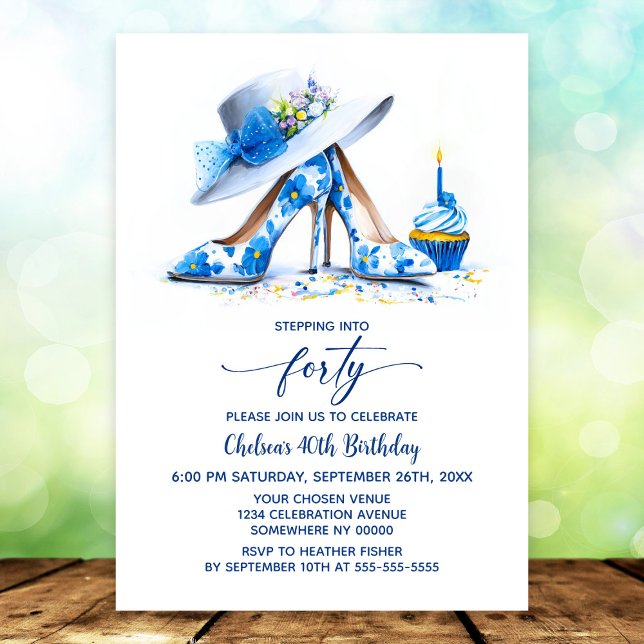 Invitation Blue Floral High Heel Shoes 40th Birthday Party (Créateur téléchargé)