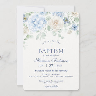 Invitation Blue Floral Hydrangea Botanical Blooms Baptême