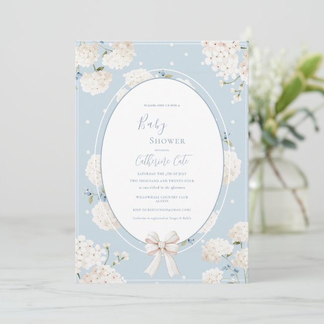 Invitation Blue Floral Hydrangea Elegant Baby Shower (Debout devant)