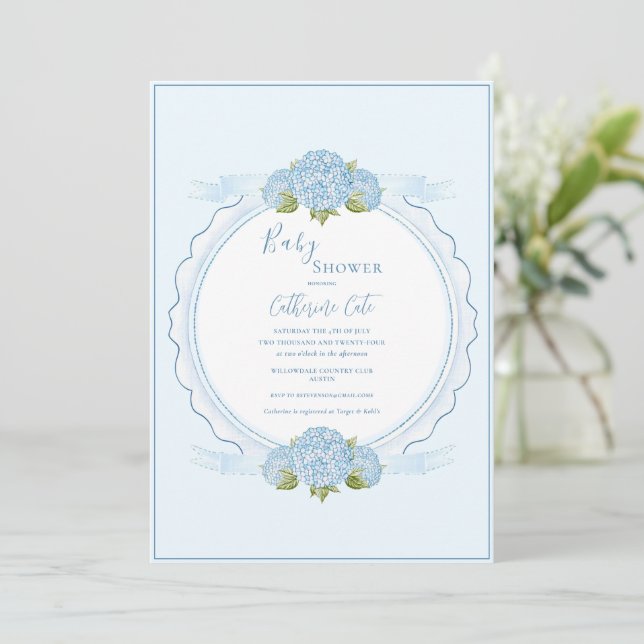 Invitation Blue Floral Hydrangea Elegant Baby Shower  (Debout devant)