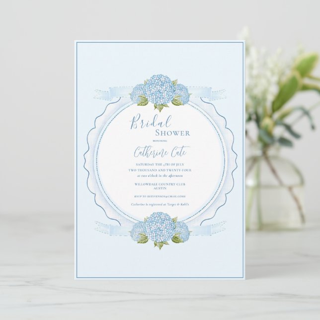 Invitation Blue Floral Hydrangea Elegant Bridal Shower  (Debout devant)
