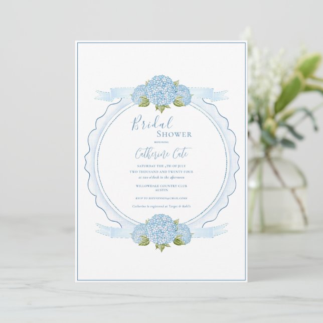 Invitation Blue Floral Hydrangea Elegant Bridal Shower  (Debout devant)