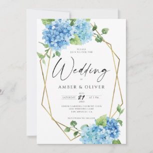 Invitation Blue Floral Hydrangeas Elégant or Mariage moderne