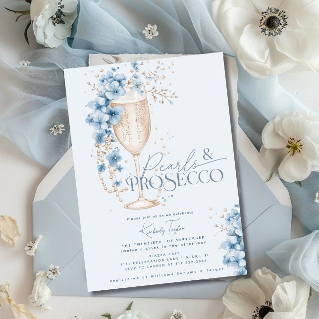 Invitation Blue Floral Pearls & Prosecco Fête des mariées (Créateur téléchargé)