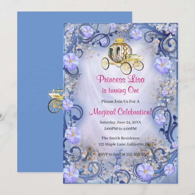 Invitation Blue Floral Princess Enchantée 1er anniversaire (Devant / Derrière)