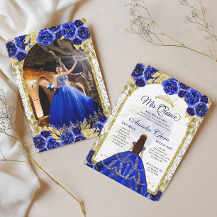 Invitation Blue Floral Princess Gold Arch Quinceanera Photo