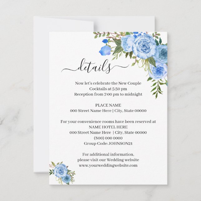 Invitation Blue Floral Romantic Boho Chic Details insert card (Devant)