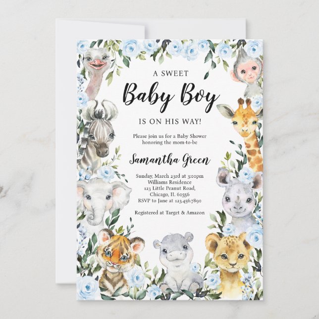 Invitation Blue Floral Safari Jungle Baby Shower (Devant)