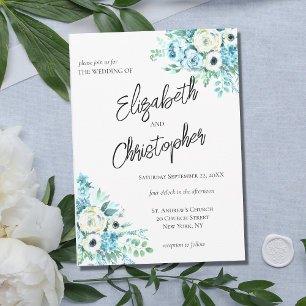 Invitation Blue Floral Script Calligraphie Mariage élégant
