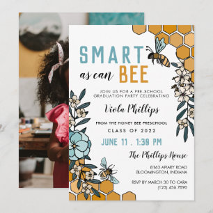 Invitation Blue Floral Smart As Can Beol Preschool Graduation